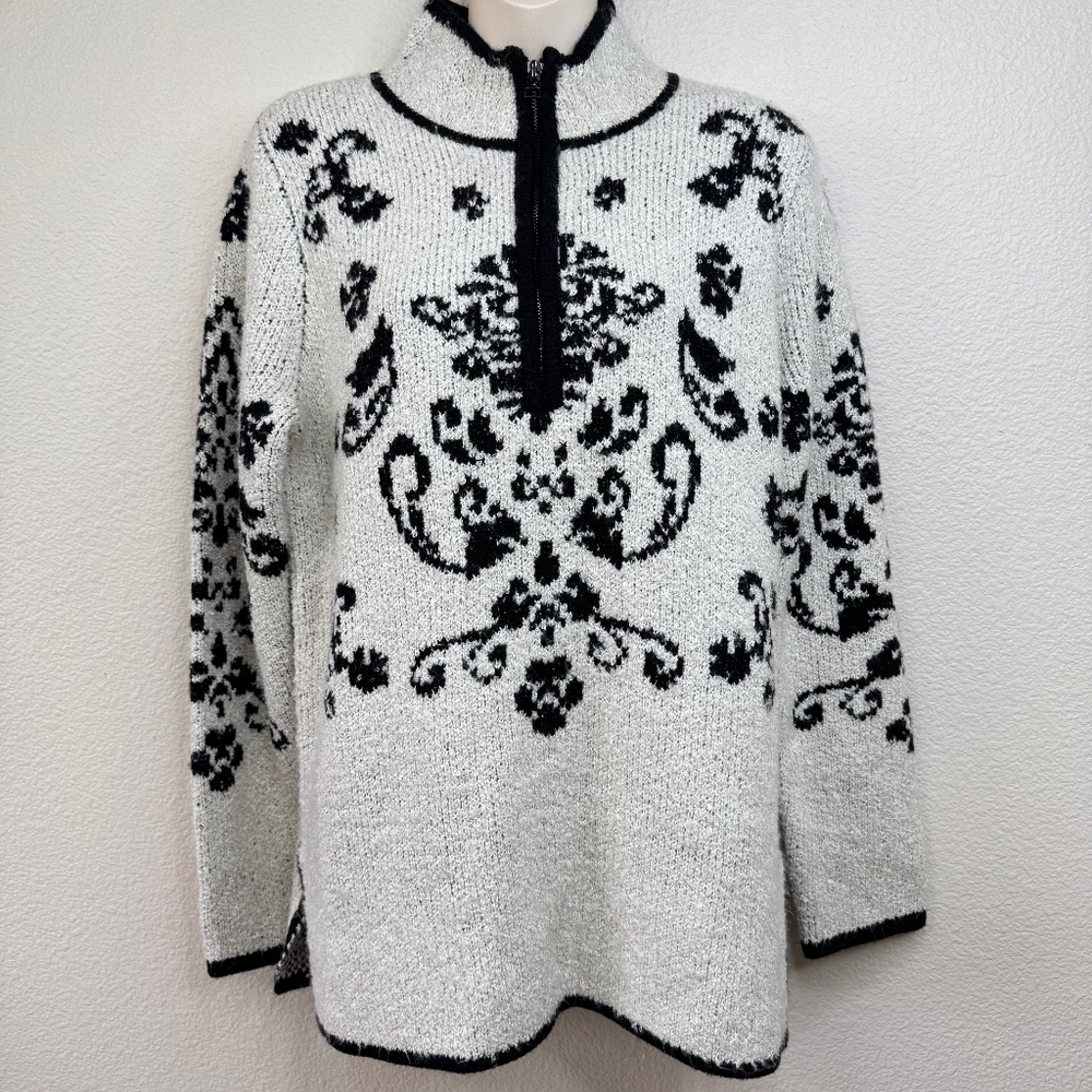 Northstyle Womens Nordic Floral Cream Black Turtle Neck Half Zip Sweater Top S
